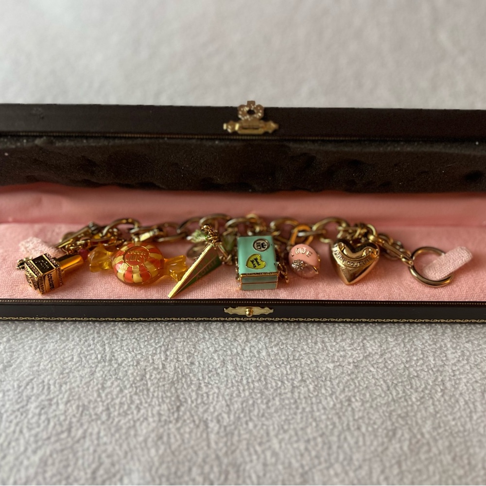 Juicy Couture Vintage Gold Charm Bracelet with Colorful Charms and Original Box